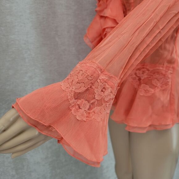 MK Solo Coquettegirl Coral Color Poet Blouse Y2K Taffeta Satin Lace Ruffled - Picture 5 of 12